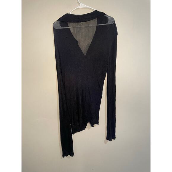 Free People Black Sheer Ribbed Slinky Button Down Long Sleeve Top - Picture 7 of 12